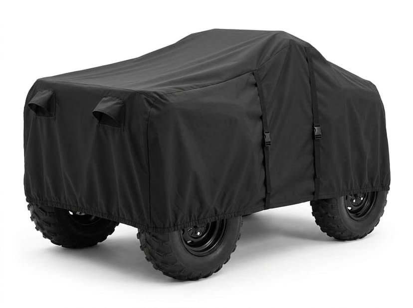 The rear of an ATV under a black cover on a white background, two hooded vents high on the back and buckle straps down the side.