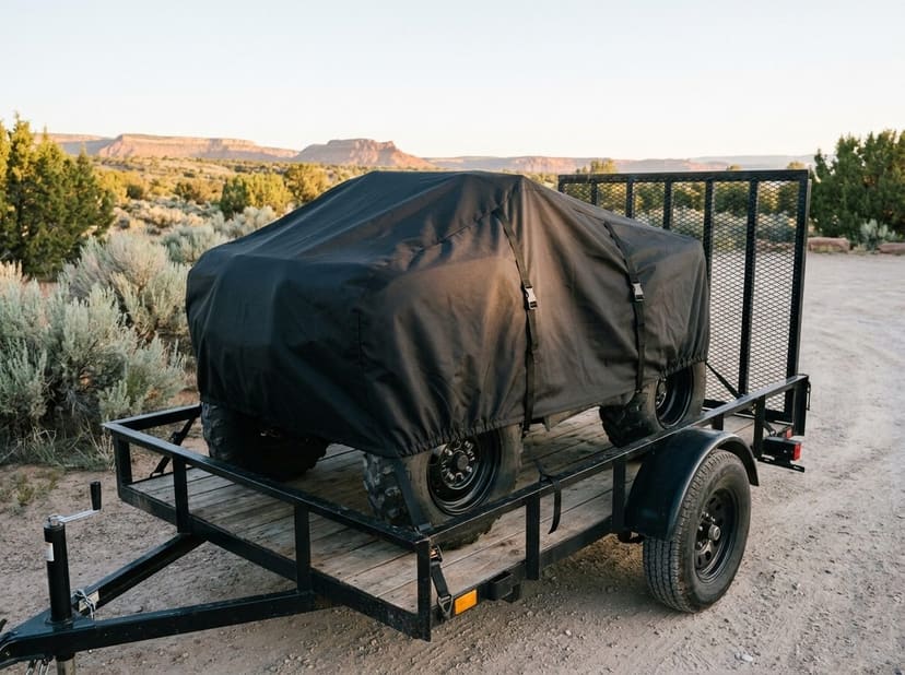 An ATV under a black cover strapped down on an open utility trailer at a dirt trailhead, sagebrush and mesas behind at sunrise.
