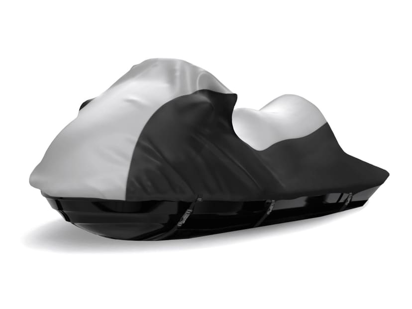 A personal watercraft under a gray and black two-tone cover on a white background.