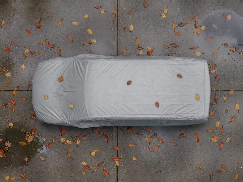 Top-down view of a light grey cover fitted over a minivan on paved slabs with fallen autumn leaves.