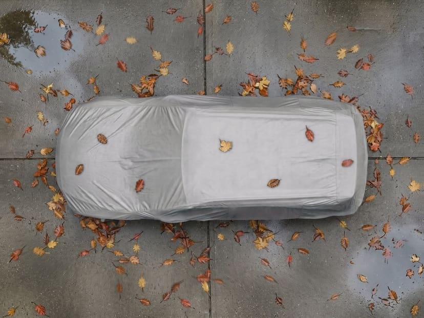 Top-down view of a light grey cover fitted over an SUV on paved slabs with fallen autumn leaves.
