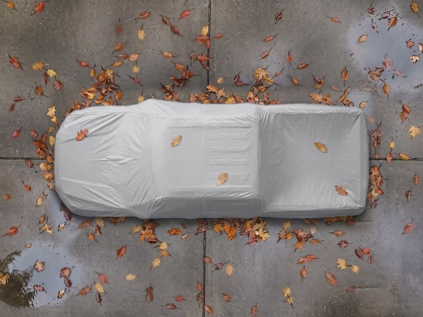 Top-down view of a light grey cover fitted over a pickup truck on paved slabs with fallen autumn leaves.