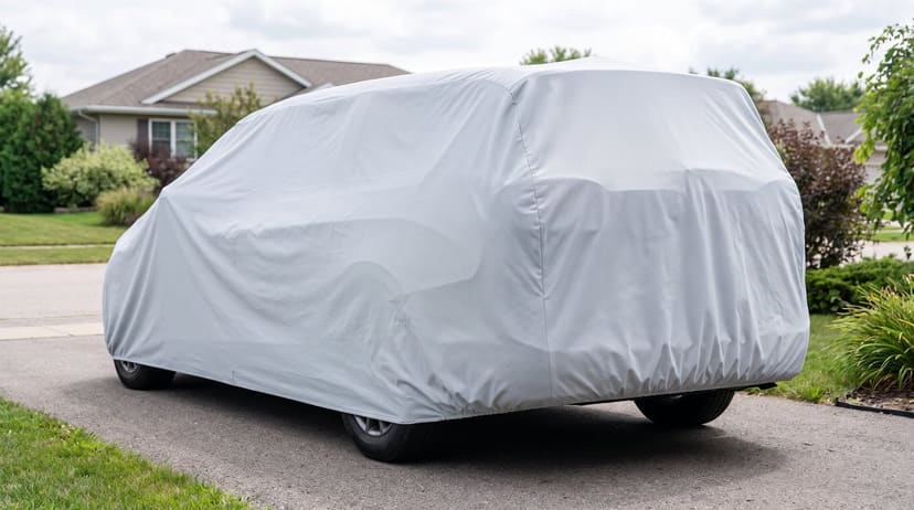 The rear of a minivan under a light grey cover on a suburban driveway on an overcast day.