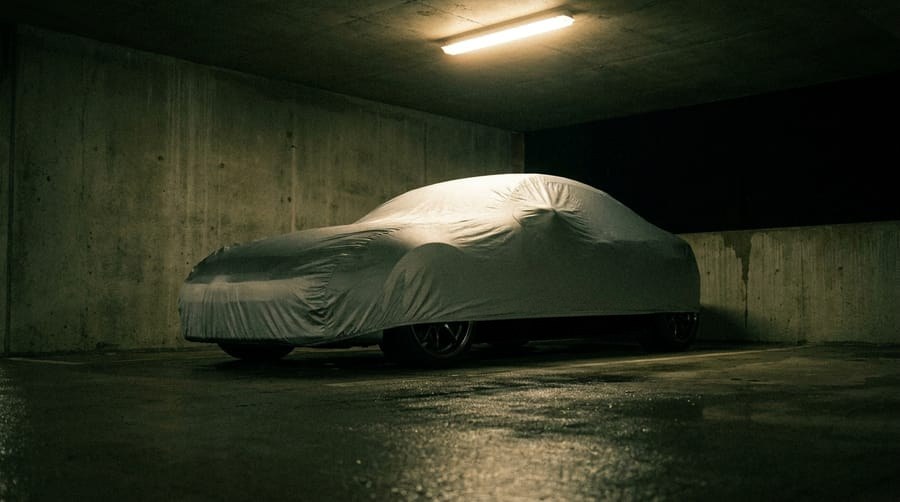Cover on a car parked in a concrete garage