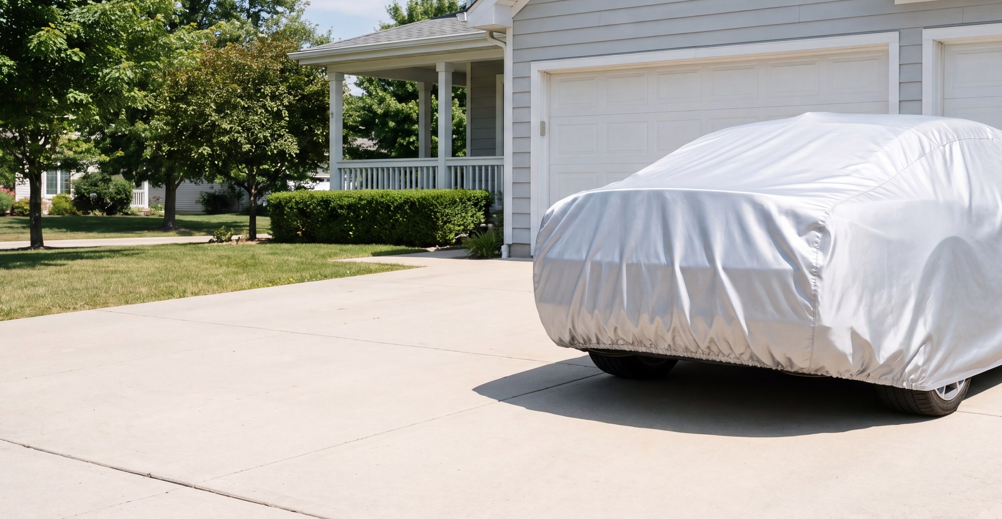 A car under a bright silver outdoor cover in a sunny home driveway, seen from the rear, its hem drawn in under the bumper.
