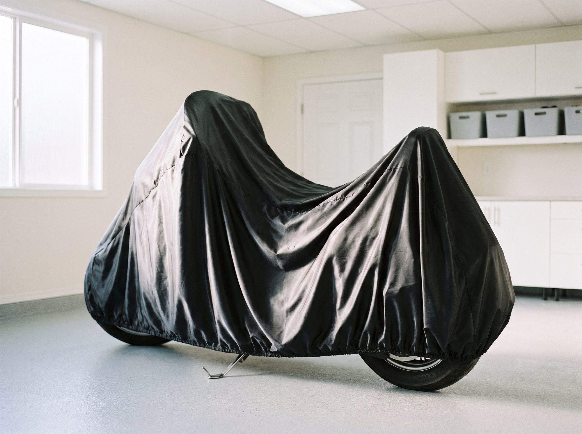 A dark indoor cover draped over a car in a garage