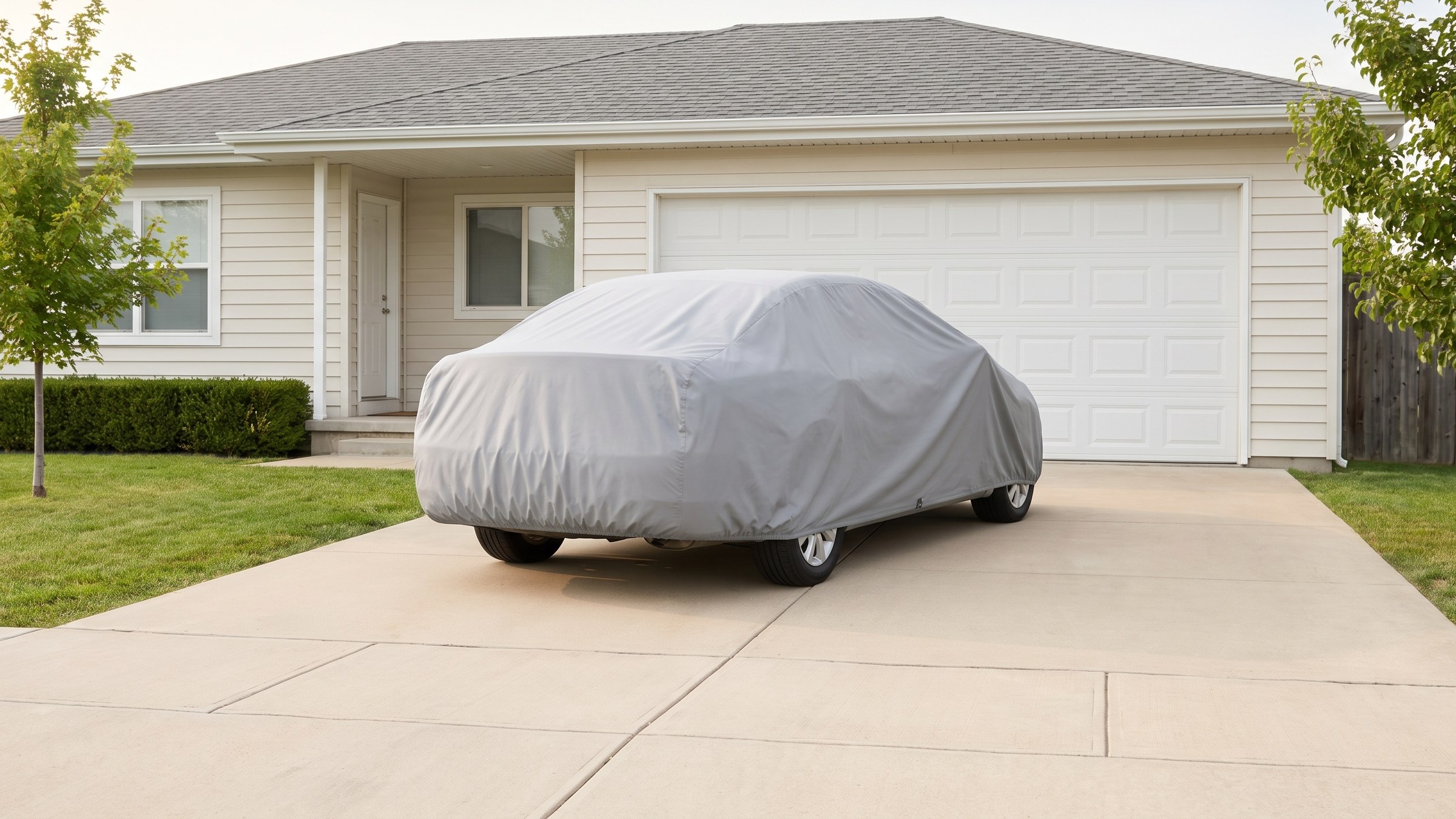 A sedan under a light grey cover on a home driveway, seen from the rear