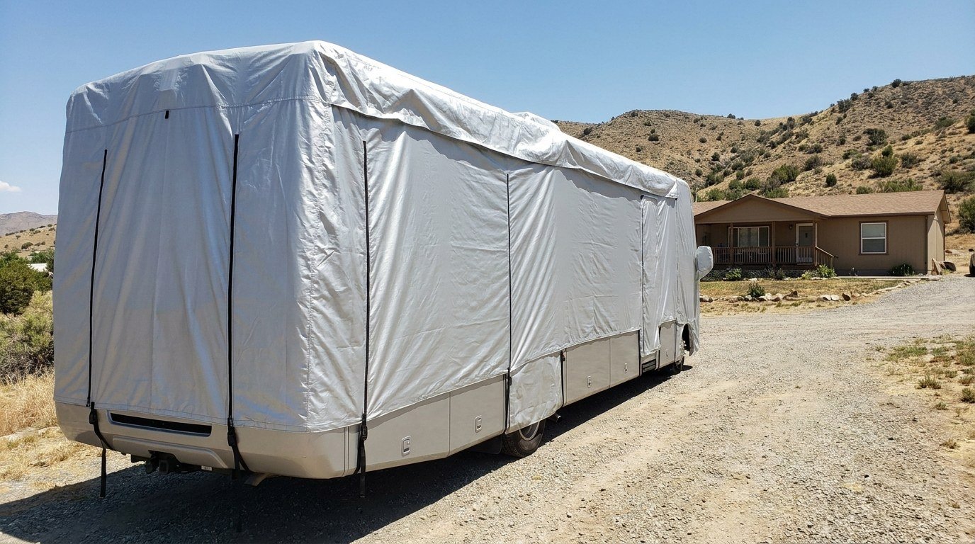 A Class A motorhome on a gravel pad beside a ranch house, under a fitted silver cover.