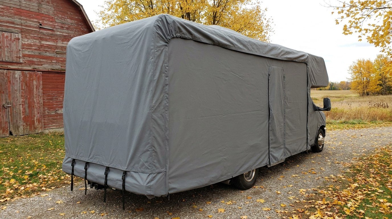 A Class C motorhome beside a red barn in autumn, under a fitted grey cover that runs over the cab-over bunk.