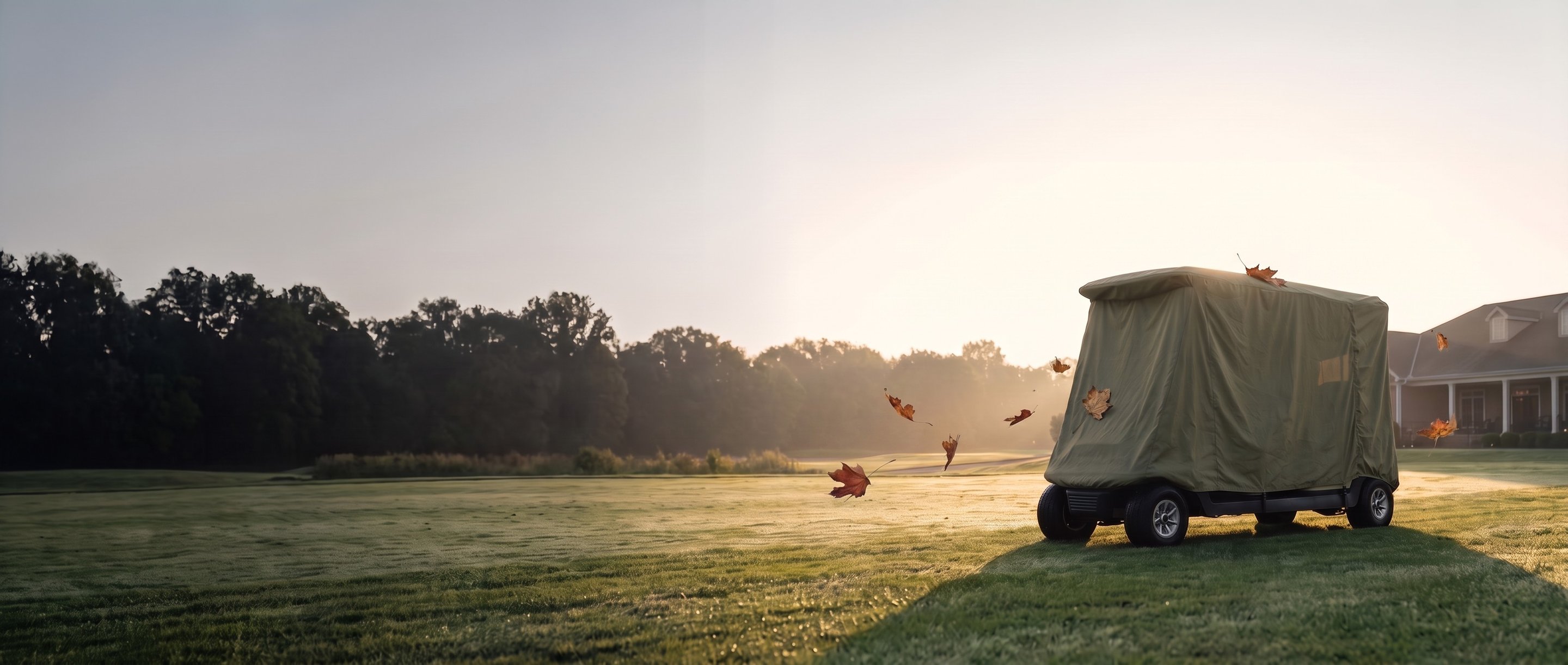 Olive cover on a golf cart on a fairway at sunrise with leaves blowing past