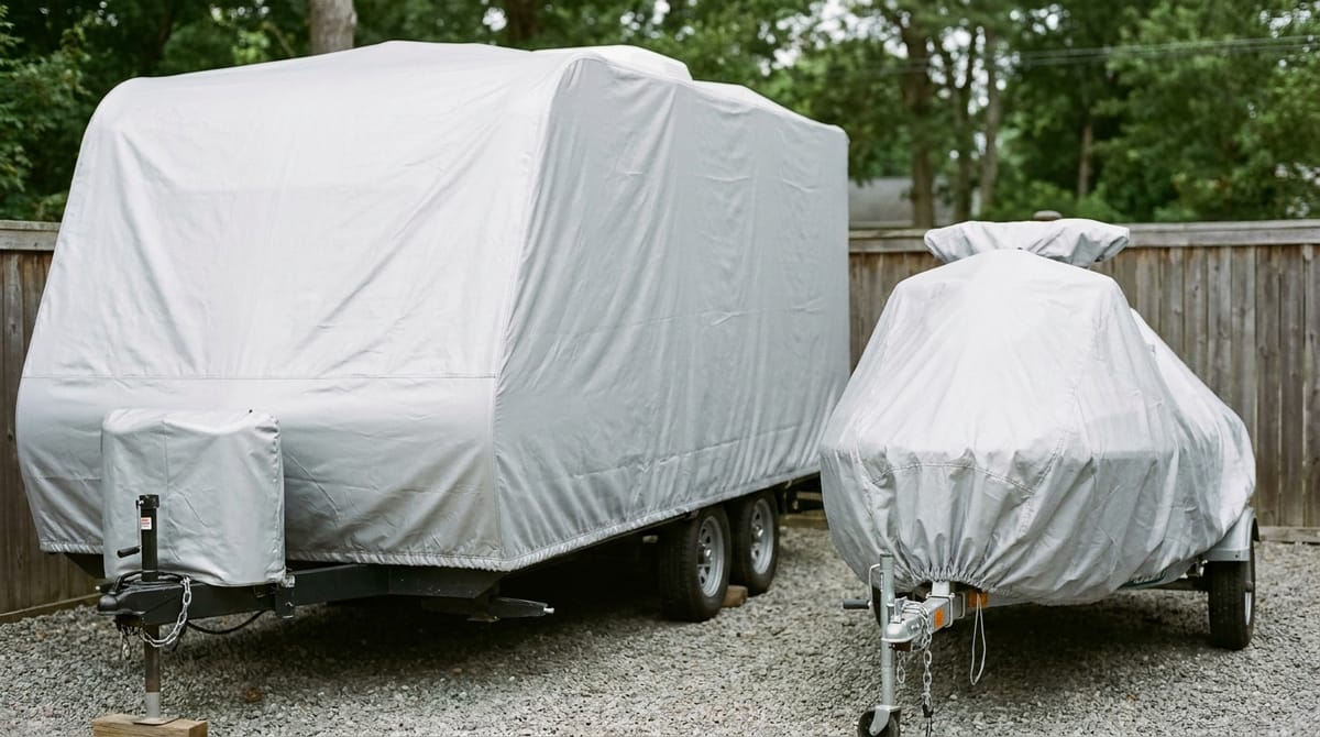 A travel trailer under a light silver-grey cover on a gravel pad beside a wooden fence, with a separate cover over the tongue jack.
