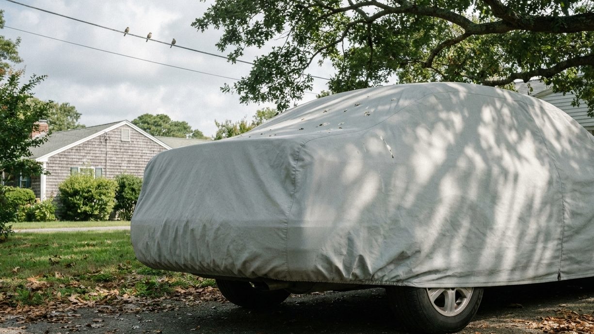 A grey-covered sedan parked in a driveway under a shade tree, three small birds on the wire overhead and droppings on the cover's roof