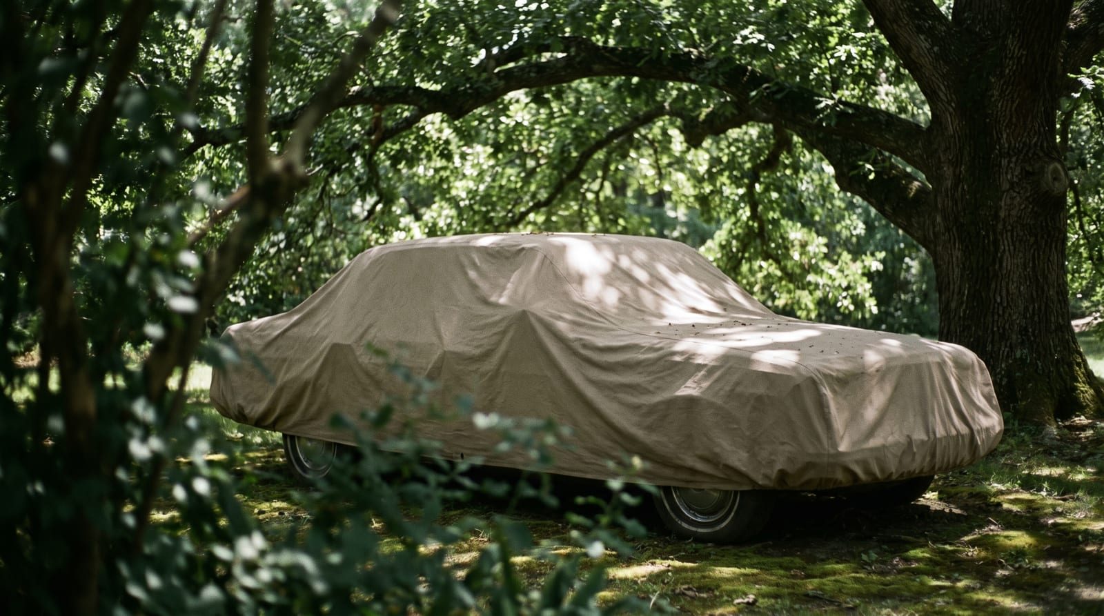A classic sedan under a tan cover, parked on grass in the shade of a large tree.