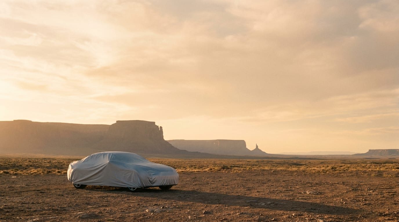 A sedan under a silver-grey cover, alone on an open desert plain at dusk, red rock mesas on the horizon, no shade anywhere