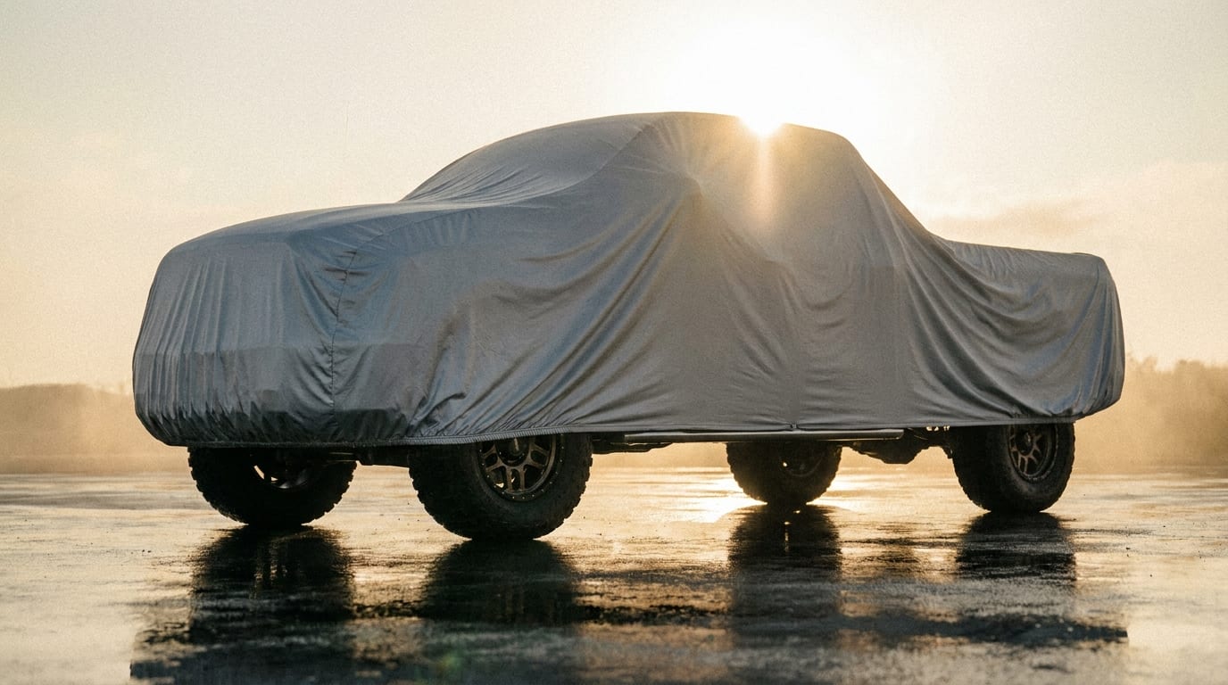 A silver fitted cover over a lifted full-size pickup, backlit by a low sun on wet pavement