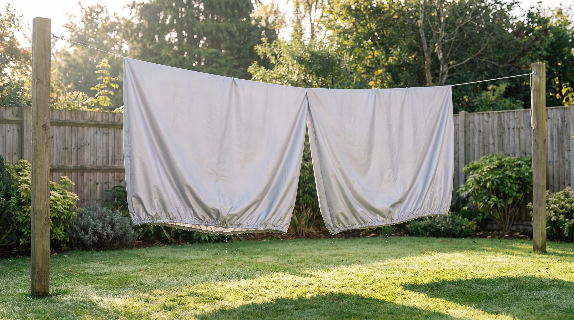 A silver-grey cover hangs over a garden clothesline to dry, water dripping from its elastic hem onto the lawn