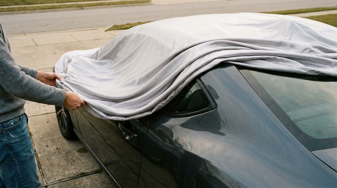 Two hands pull a light grey cover over the roof and side of a dark car parked at a driveway curb