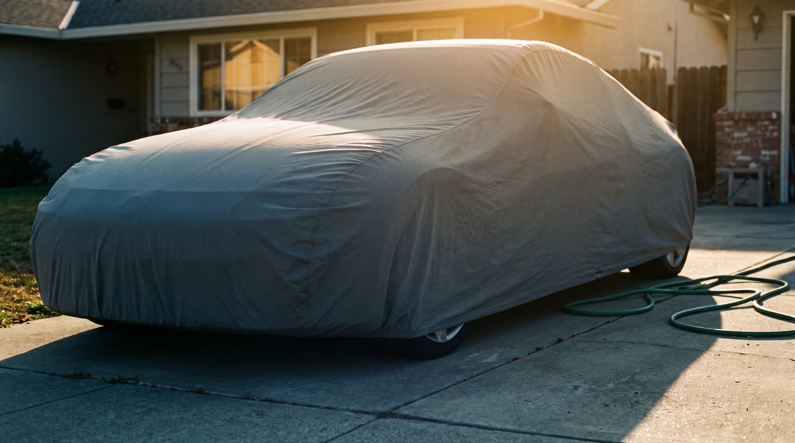 A sedan under a grey outdoor cover in a driveway at golden hour, with a green garden hose coiled on the concrete beside it