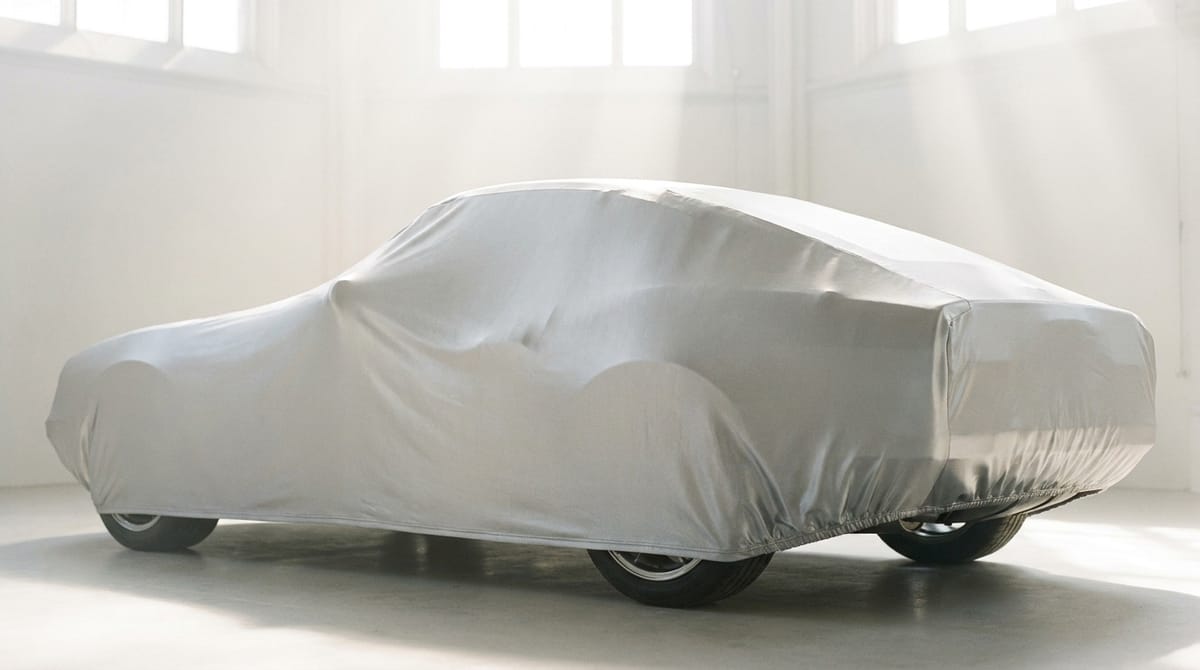 Silver reflective cover draped over a car in a sunlit white room