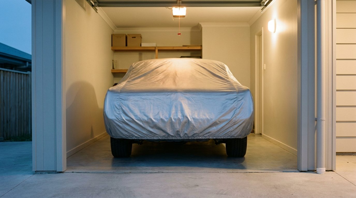 Covered car under warm light inside a home garage