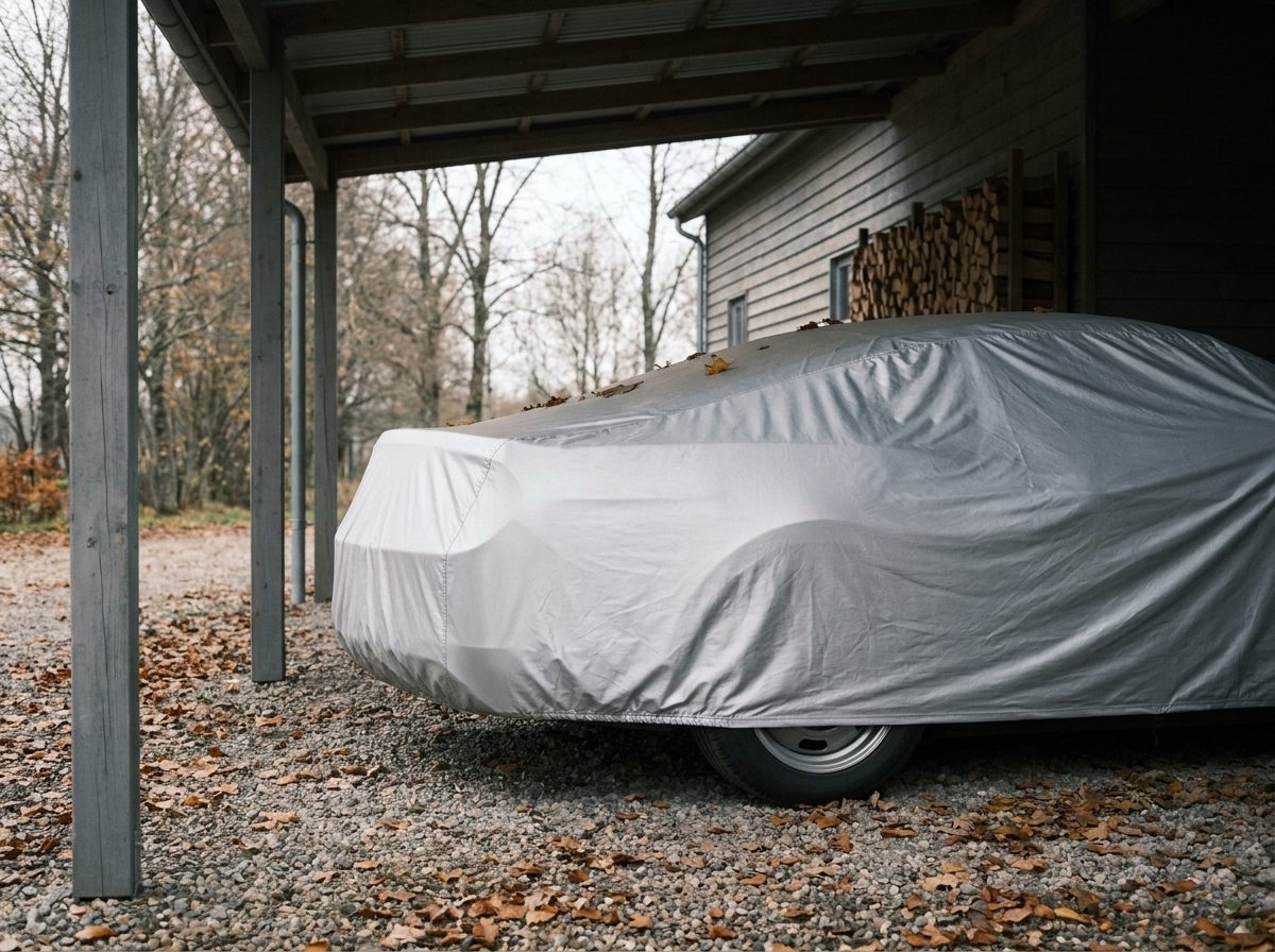 A silver outdoor cover on a car parked in an open carport, autumn leaves on the gravel
