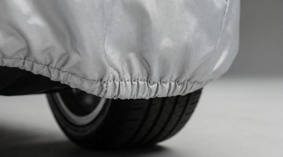 Elastic hem of a silver cover gathered over the top of a tyre