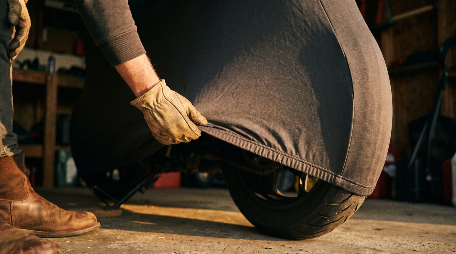 A gloved hand drawing the elastic hem of a dark cover down over a motorcycle's rear tire.