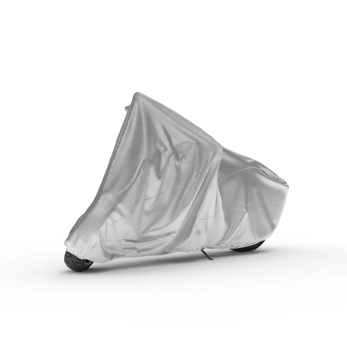 A motorcycle under a silver cover on a white background.