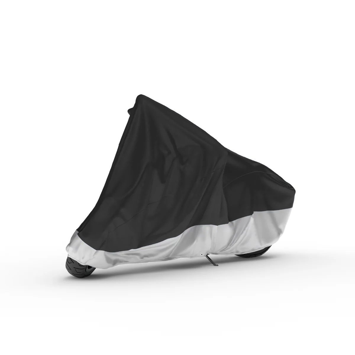 A scooter under a black and silver two-tone cover, a studio render on a white background.