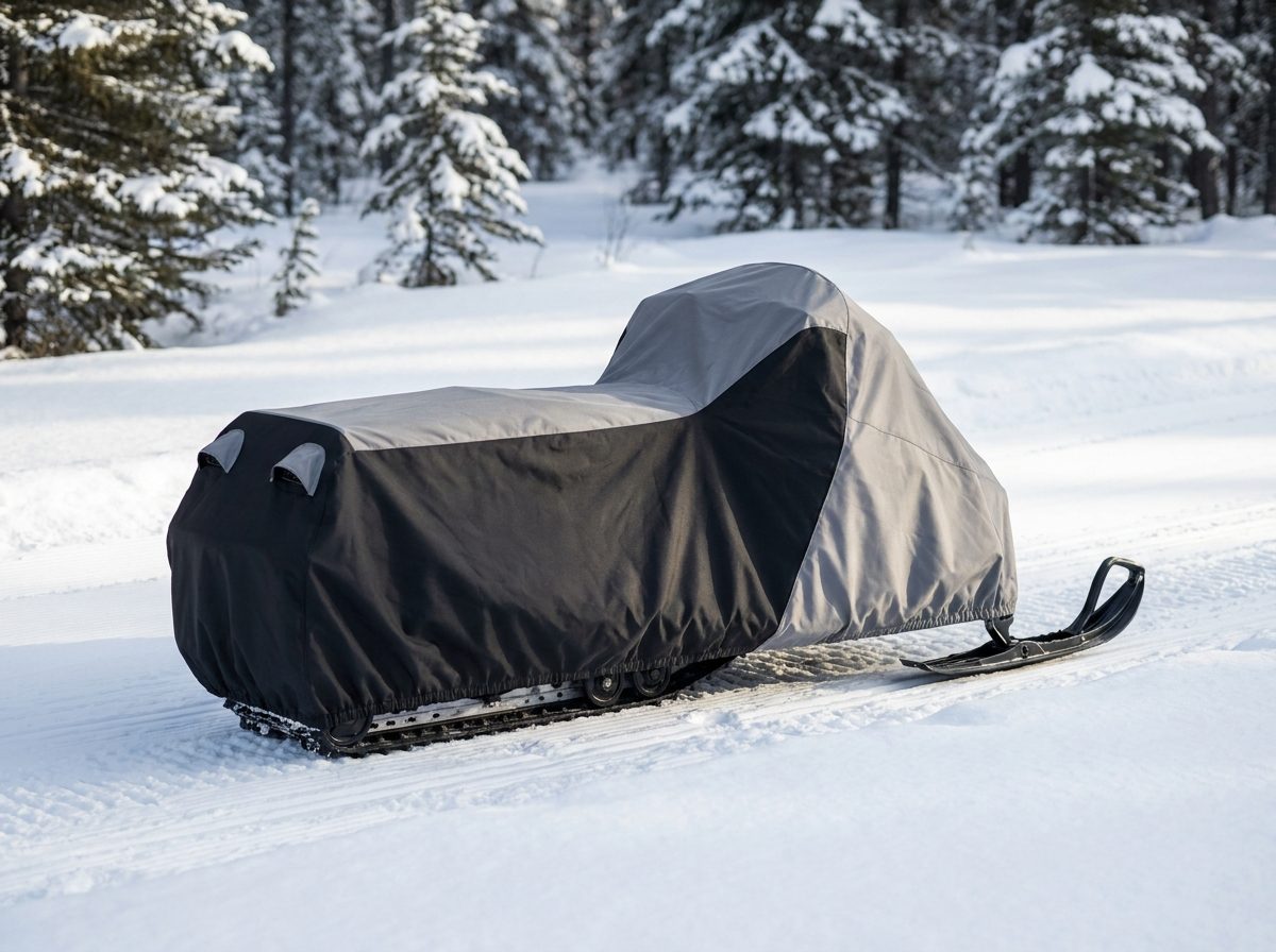 The rear of a snowmobile under a gray and black two-tone cover on a groomed snow trail in a pine forest, two hooded vents on the back.