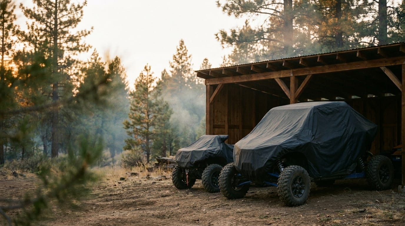 Two powersports machines under dark covers beside a timber lean-to at the edge of a pine forest