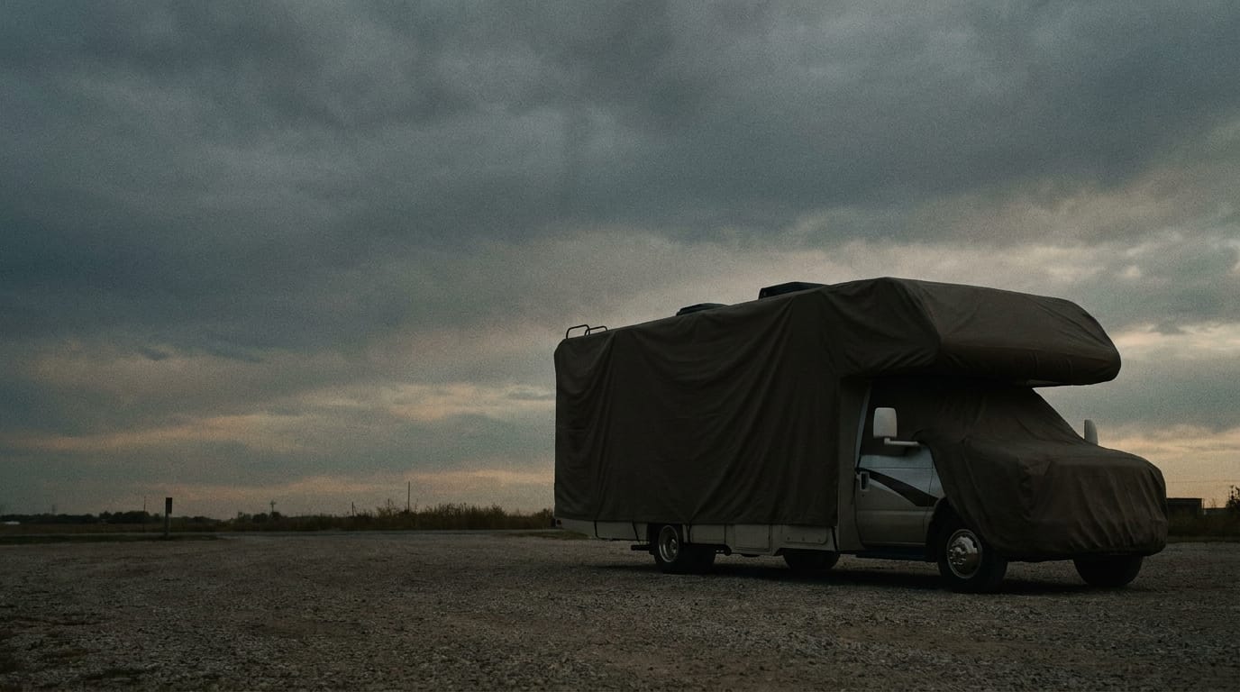An RV under a silver cover.